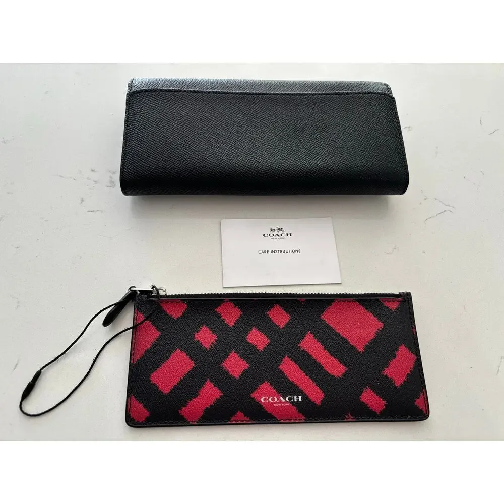 New COACH F23453 Slim envelope black leather wallet with wild plaid mini wallet